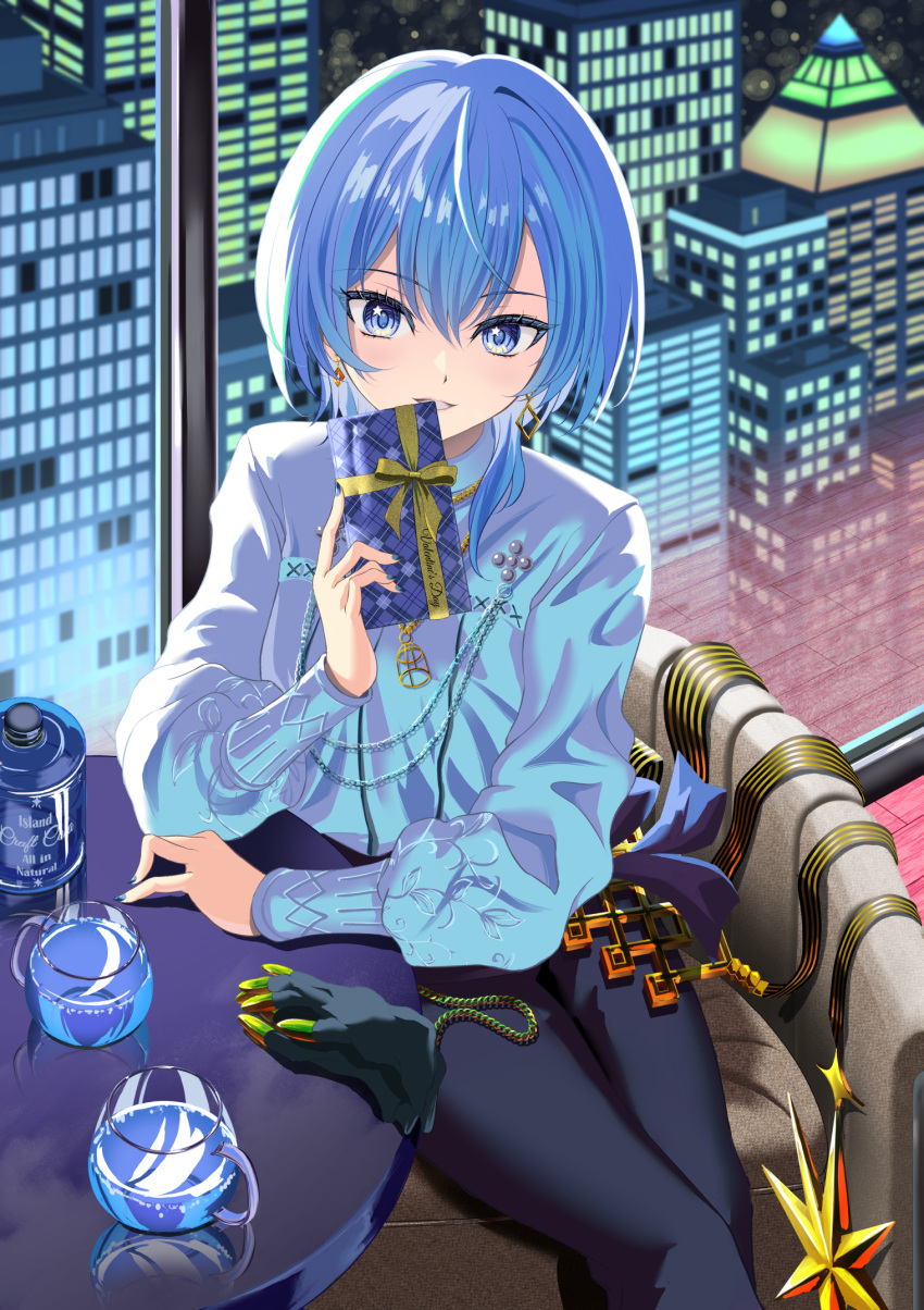 1girl, black_pants, blue_eyes, blue_hair, blue_nails, box, building, cup