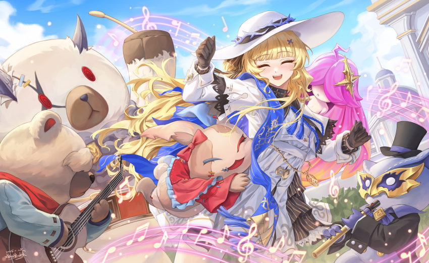 1girl, absurdres, bantish, black_bow, black_collar, black_gloves, blonde_hair, blue_sash