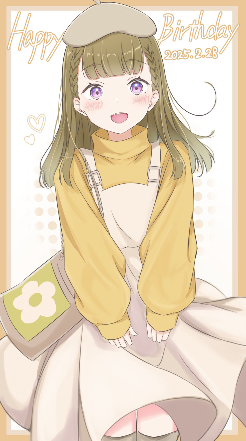 1girl, :d, absurdres, beret, border, braid, brown_bag, brown_dress, brown_hair, brown_hat, center-flap_bangs, commentary_request, dress, happy_birthday, hat, heart, highres, iroha_(nami3), kachimachi_kosuzu, kachimachi_kosuzu_(osanpo_nikki), link!_like!_love_live!, long_hair, long_sleeves, looking_at_viewer, love_live!, medium_dress, official_alternate_costume, open_mouth, orange_border, outside_border, pink_eyes, puffy_long_sleeves, puffy_sleeves, side_ahoge, side_braids, smile, solo, standing, straight_hair, sweater, teeth, turtleneck, turtleneck_sweater, upper_teeth_only, virtual_youtuber, white_background, yellow_sweater
