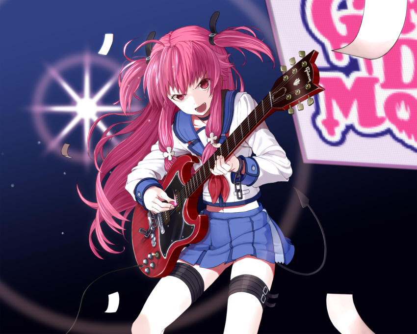 gibson, guitar, instrument, long_hair, pink_hair, red_eyes, school_uniform, serafuku