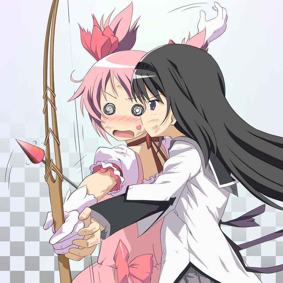 @_@, akemi_homura, black_hair, blush, bow_(weapon), bruise, checkered, checkered_background