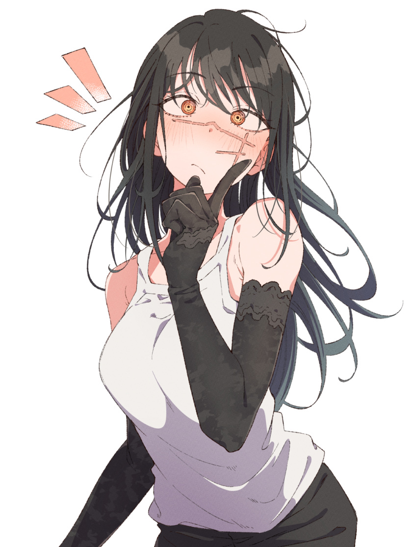 1girl, black_gloves, black_hair, black_pants, blush, breasts, chainsaw_man, closed_mouth, commentary, cowboy_shot, cross_scar, eitopondo, elbow_gloves, gloves, highres, index_finger_raised, long_hair, looking_at_viewer, medium_breasts, notice_lines, orange_eyes, pants, ringed_eyes, scar, scar_on_cheek, scar_on_face, scar_on_nose, simple_background, sleeveless, solo, standing, tank_top, white_background, white_tank_top, yoru_(chainsaw_man)