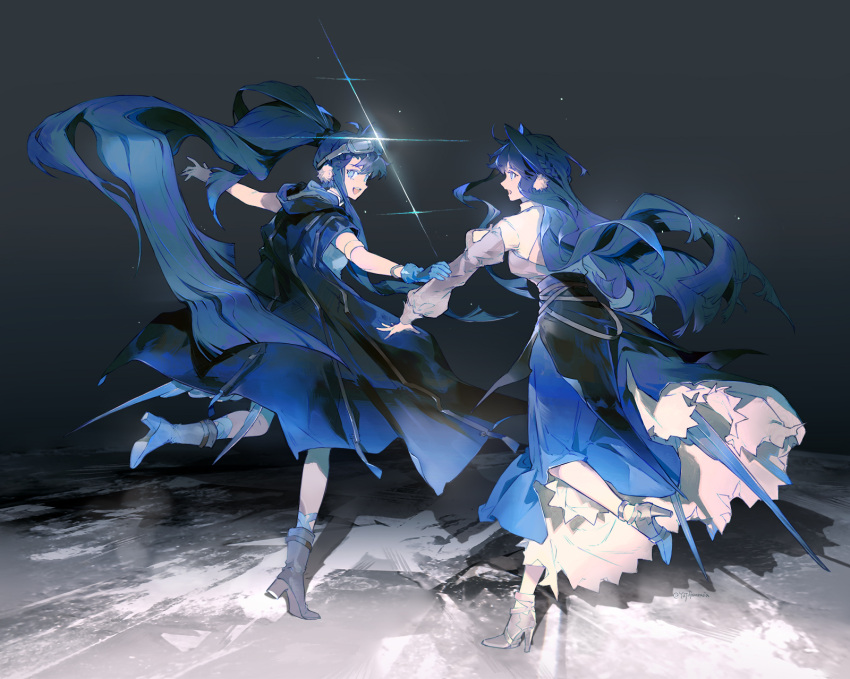 2girls, :d, ankle_boots, arknights, arm_garter, astesia_(arknights), astgenne_(arknights), black_background, black_boots, blue_coat, blue_dress, blue_eyes, blue_gloves, blue_hair, boots, bracelet, coat, diffraction_spikes, dress, floating_hair, frilled_dress, frills, from_behind, gloves, goggles, goggles_on_head, hair_between_eyes, hair_intakes, half_up_braid, high_heel_boots, high_heels, highres, holding_another's_arm, hood, hood_down, jewelry, juliet_sleeves, long_hair, long_sidelocks, long_sleeves, looking_at_another, looking_at_viewer, looking_back, multiple_girls, open_mouth, petticoat, ponytail, puffy_sleeves, siblings, sidelocks, single_glove, sisters, sleeveless, sleeveless_coat, smile, standing, standing_on_one_leg, very_long_hair, white_dress, whole_body, yuji_(fantasia)