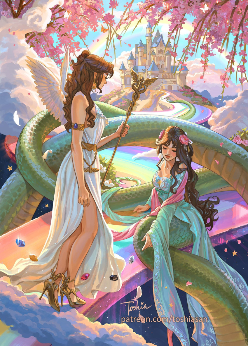 2girls, aqua_dress, belt, black_gemstone, black_hair, blue_gemstone, blue_sky, brown_hair