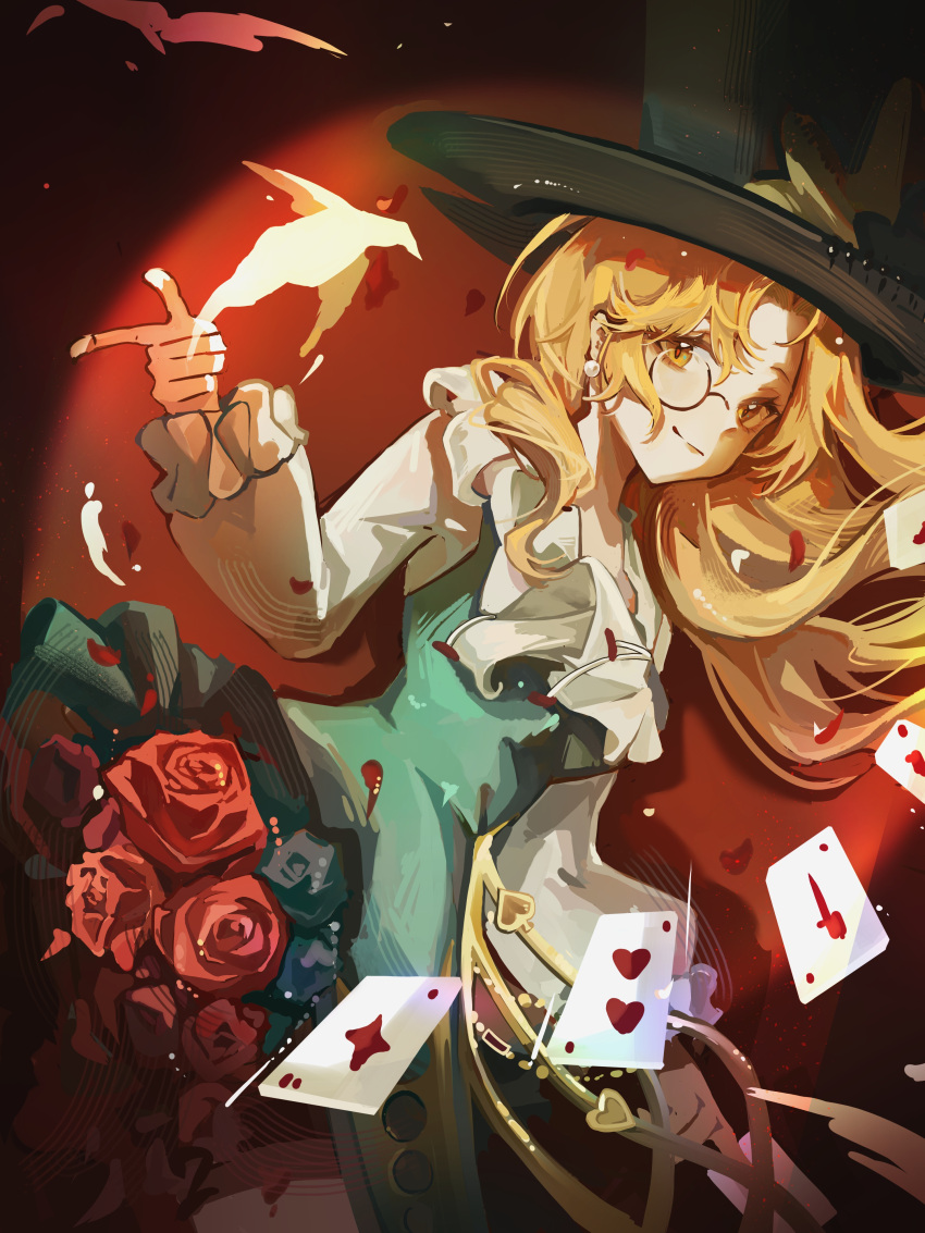 1girl, absurdres, bird, black_hat, black_shorts, blonde_hair, brown_eyes, card
