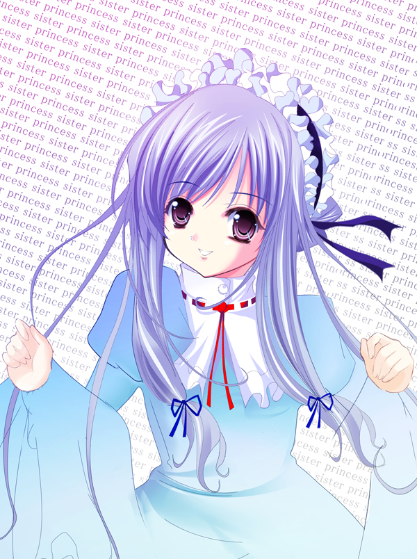 blue_hair, dress, frills, long_hair, okazaki_mitsuki, purple_eyes, sister_princess, violet_eyes