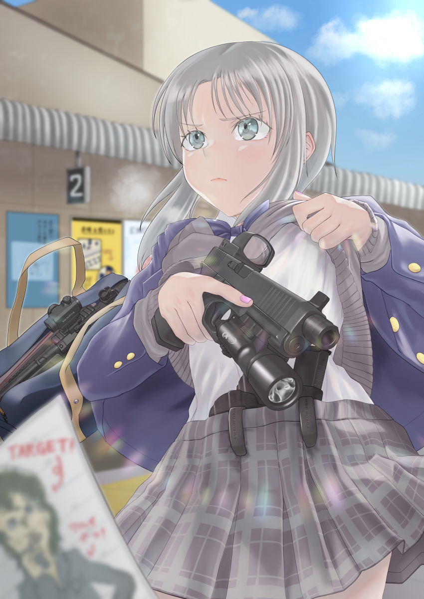 1girl, absurdres, appendix_carry, bag, blue_bow, blue_jacket, blue_sky, bow