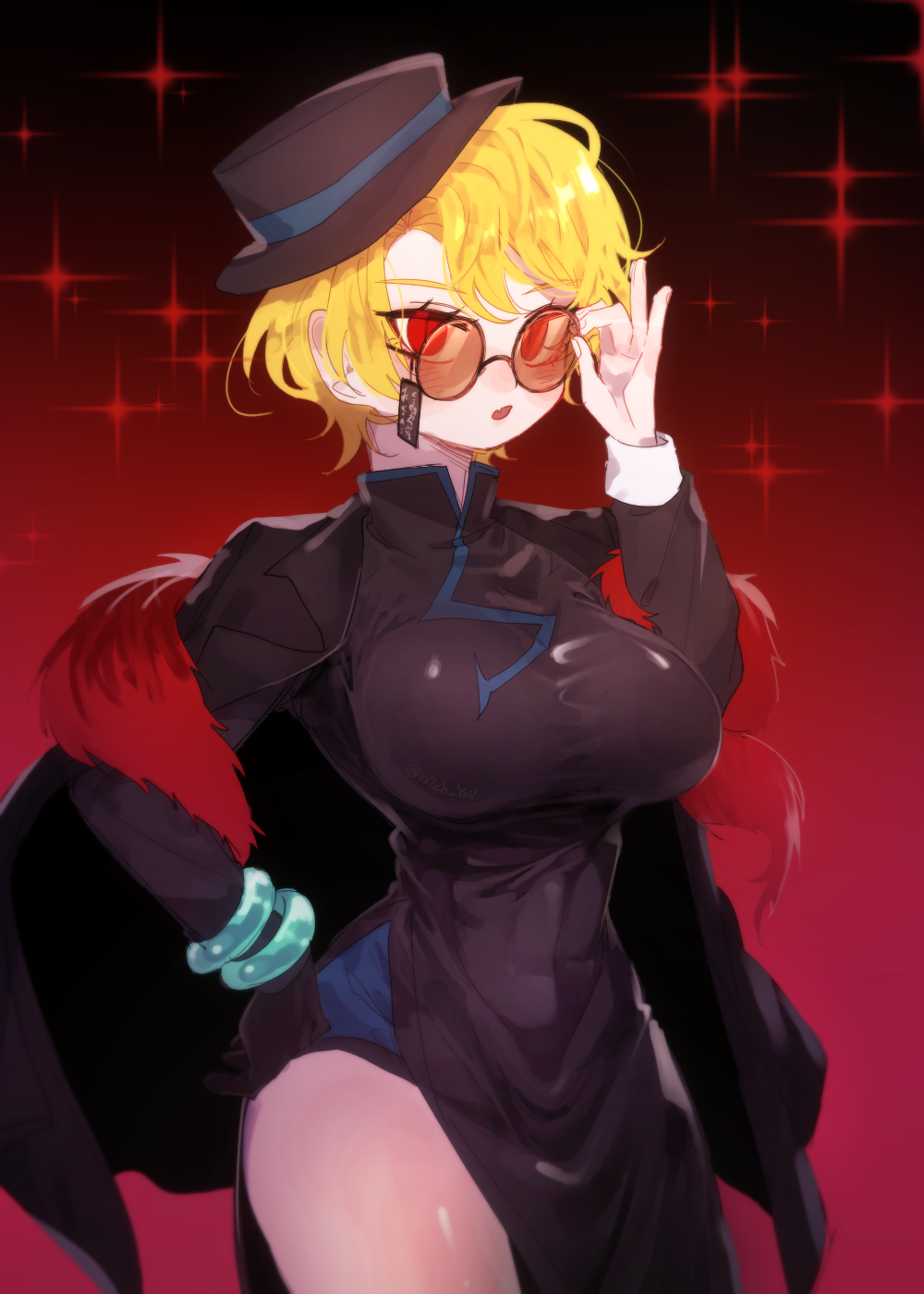 1girl, black_background, black_hat, blonde_hair, breasts, china_dress, chinese_clothes, cowboy_shot, don_quixote_(project_moon), dress, eastern_cinq_association_(identity)_(project_moon), feather_boa, hat, highres, jacket, large_breasts, light_particles, limbus_company, non-web_source, pmchell_04, project_moon, red_background, red_eyes, short_hair, slit_pupils, solo, sunglasses, two-tone_background