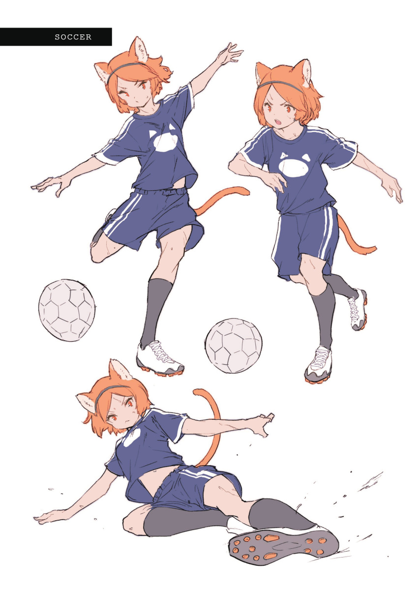 1boy, absurdres, animal_ears, ball, cat_ears, cleats, full_body, hands_up, highres, kemono_kinetic, kneehighs, mogumo, orange_eyes, orange_hair, parted_bangs, running, short_hair, short_sleeves, shorts, simple_background, sliding, soccer_ball, socks, white_background