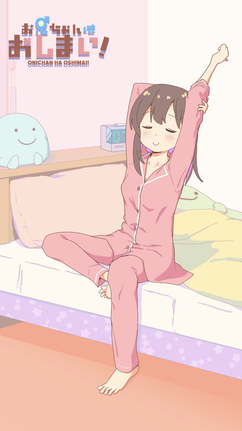 1girl, absurdres, arm_behind_head, arms_up, barefoot, clock, closed_eyes, colored_inner_hair