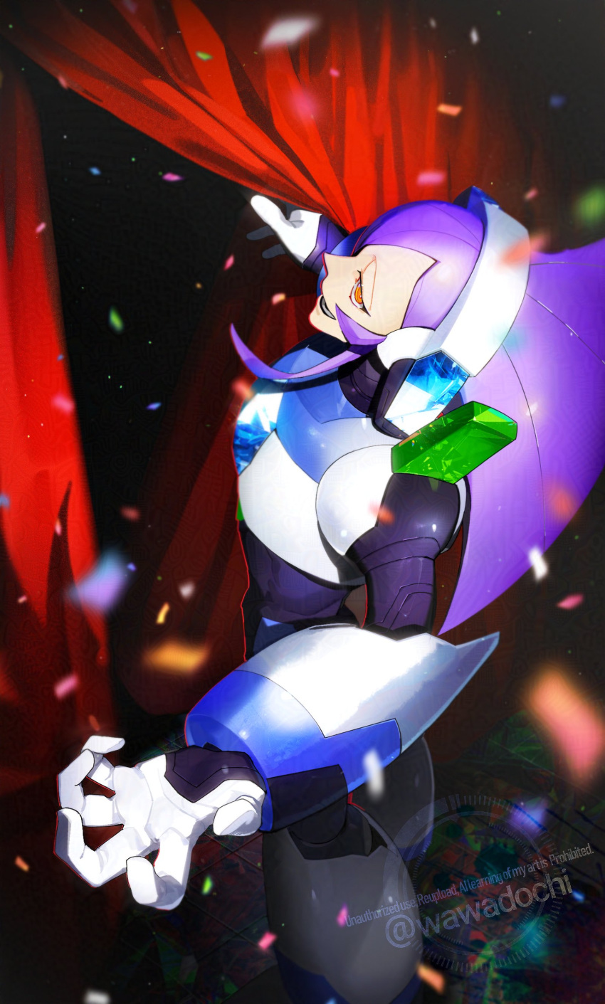 absurdres, armor, chest_jewel, confetti, cowboy_shot, highres, long_hair, lumine_(mega_man)