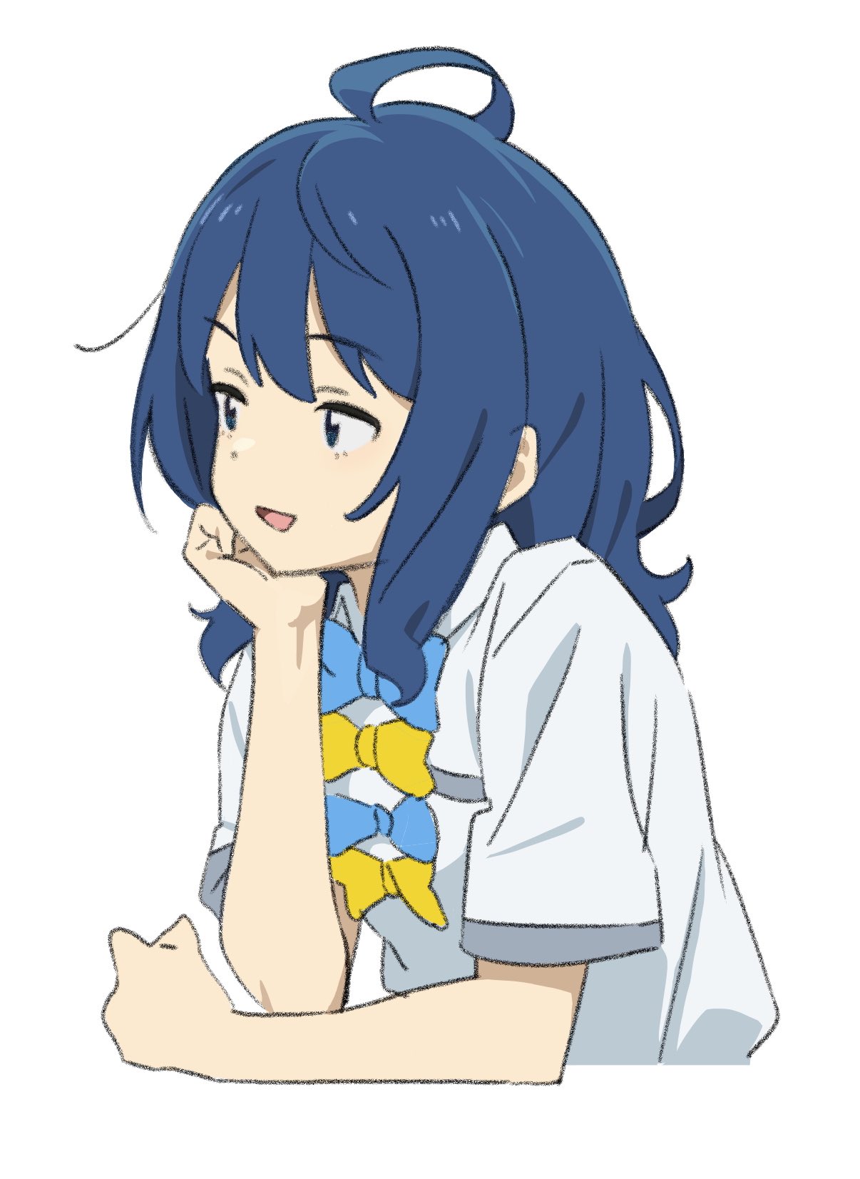 1girl, ahoge, blue_bow, blue_bowtie, blue_eyes, blue_hair, bow, bowtie, cosmos915, hand_on_own_chin, highres, looking_to_the_side, make_heroine_ga_oo_sugiru!, medium_hair, simple_background, smile, solo, summer_uniform, upper_body, white_background, yanami_anna, yellow_bow, yellow_bowtie