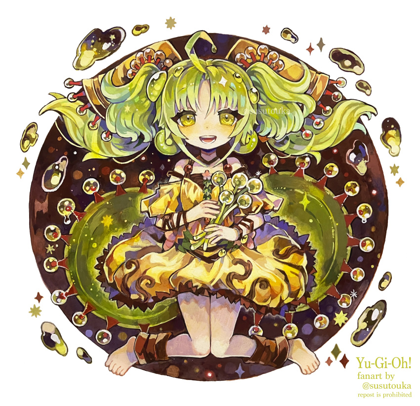 1girl, absurdres, ahoge, ankle_garter, brown_background, dress, duel_monster, flower