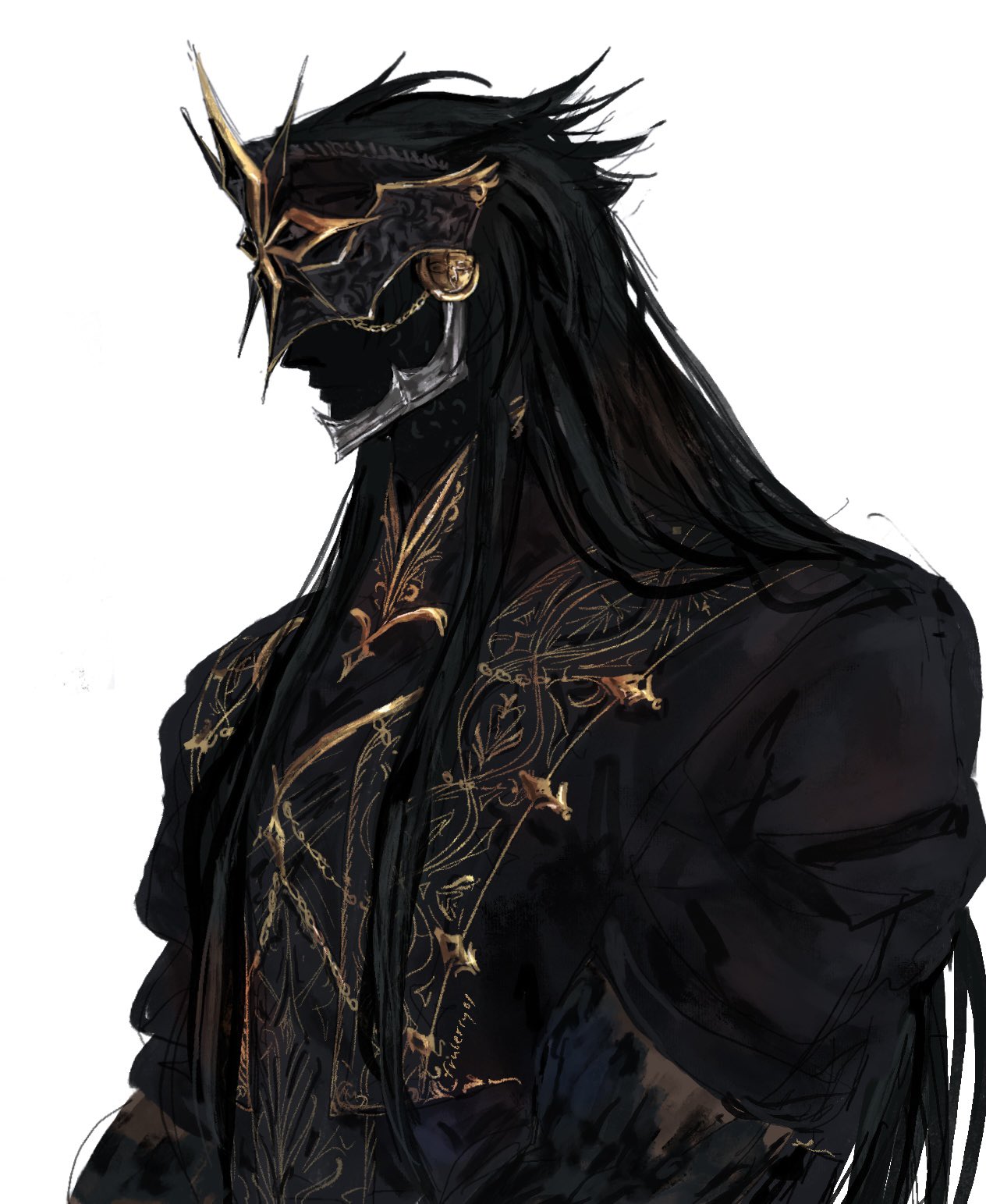 1boy, black_hair, capitano_(genshin_impact), commentary, embroidery, english_commentary, faceless, faceless_male, from_side, genshin_impact, gold_trim, helmet, hi_(fruberry01), highres, jacket, lapels, long_hair, male_focus, ornate_clothes, profile, puffy_sleeves, simple_background, solo, very_long_hair, white_background