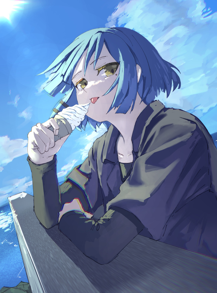 1girl, absurdres, against_railing, asymmetrical_bangs, black_shirt, blue_background, blue_hair, blue_sky, bocchi_the_rock!, collarbone, food, from_side, highres, holding, holding_food, holding_ice_cream_cone, ice_cream_cone, layered_sleeves, long_sleeves, looking_at_viewer, mole, mole_under_eye, ocean, railing, satisfy027, shirt, short_hair, short_over_long_sleeves, short_sleeves, sky, tongue, tongue_out, upper_body, yamada_ryo, yellow_eyes