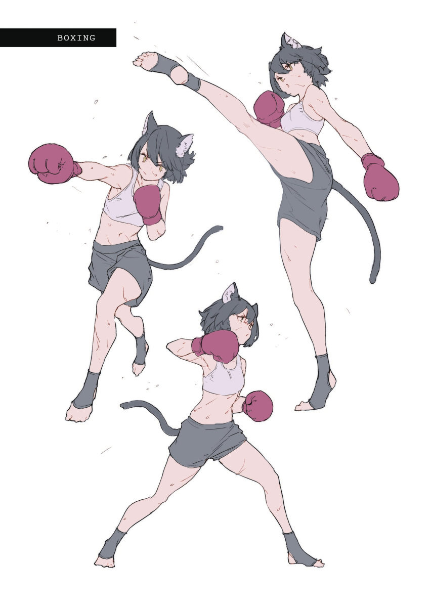 1girl, absurdres, animal_ears, black_hair, boxing_gloves, cat_ears, cat_tail, full_body