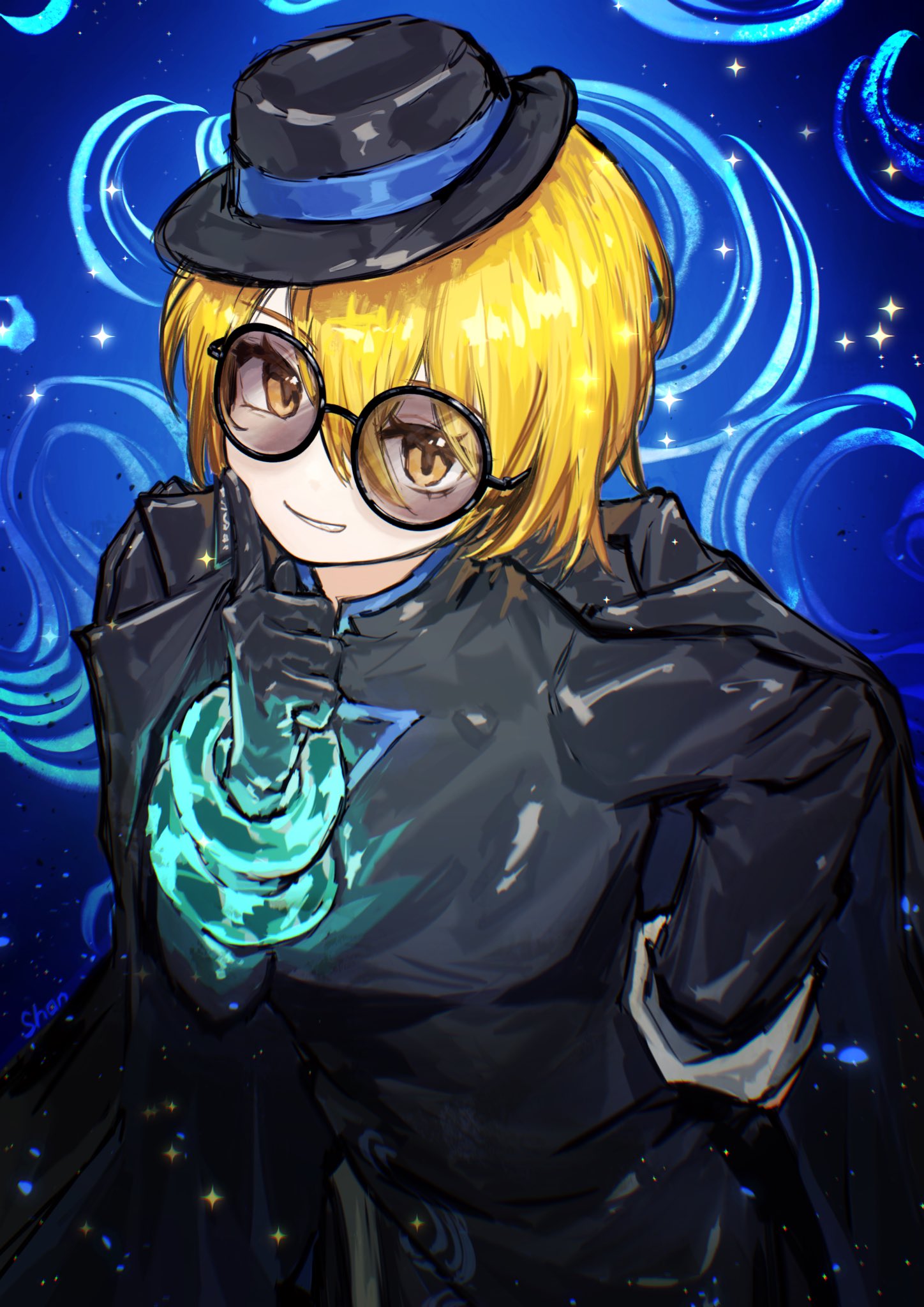 1girl, black_dress, black_gloves, black_hat, blonde_hair, cowboy_shot, don_quixote_(project_moon), dress