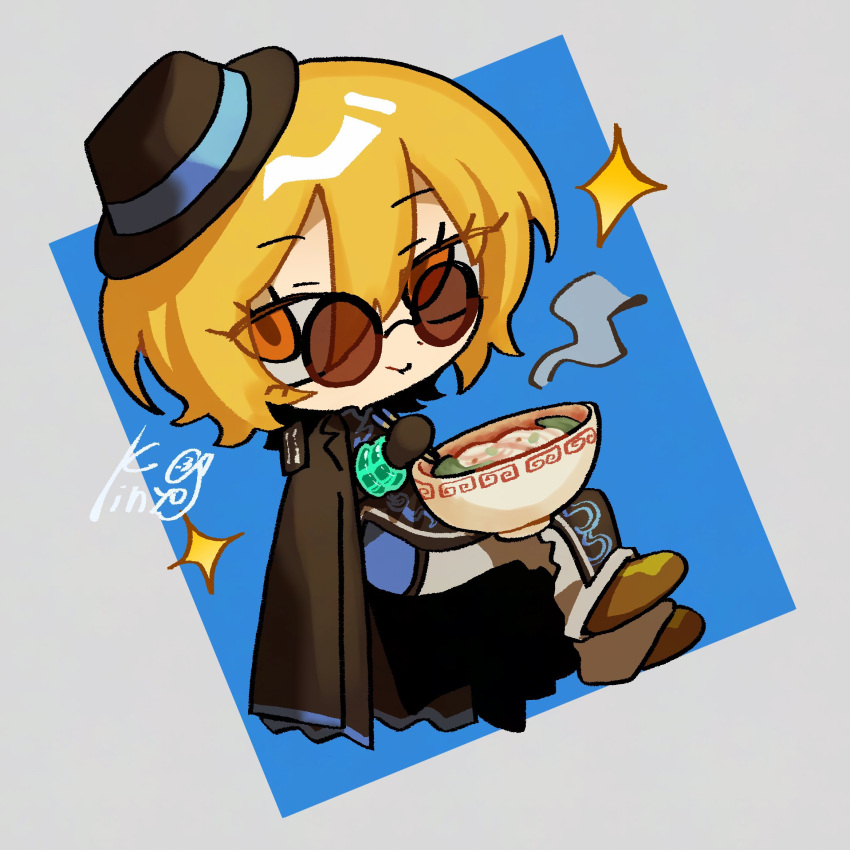 11230kingyo, 1girl, black_coat, black_dress, blonde_hair, bowl, chibi, chopsticks, coat, coat_on_shoulders, don_quixote_(project_moon), dress, earrings, eastern_cinq_association_(identity)_(project_moon), food, full_body, highres, holding, holding_bowl, jade_bracelet, jewelry, limbus_company, noodles, ofuda_earrings, orange_eyes, pants, project_moon, ramen, round_eyewear, short_hair, solo, sunglasses, white_pants