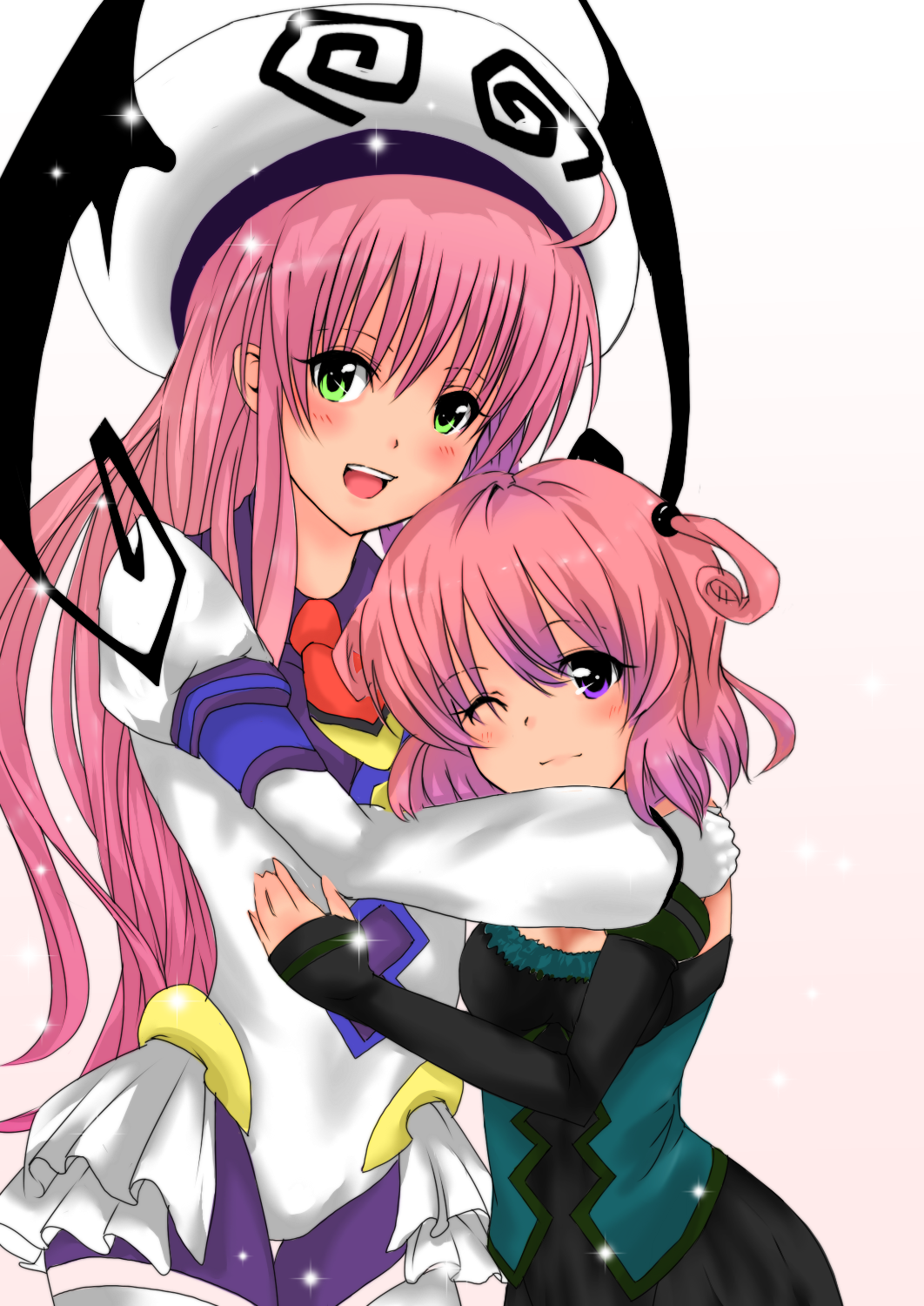 blush, green_eyes, hat, highres, hug, lala_satalin_deviluke, long_hair, mkcrf