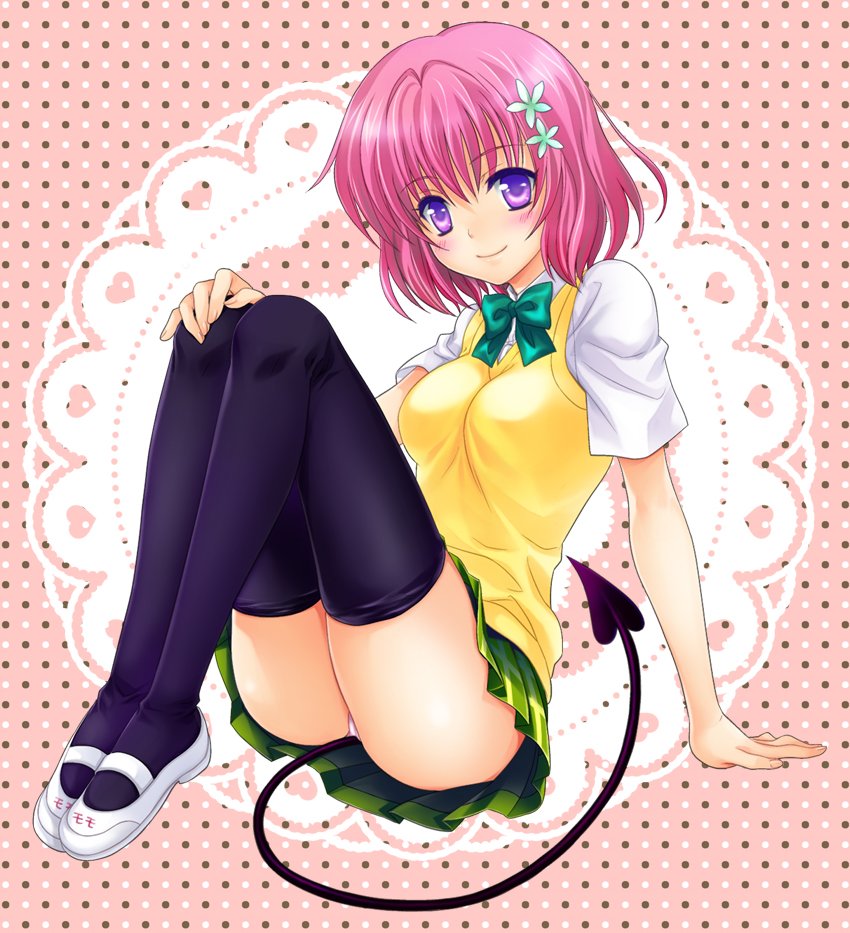 ass, black_thighhighs, blush, demon_tail, fujino, momo_velia_deviluke, panties, pink_hair