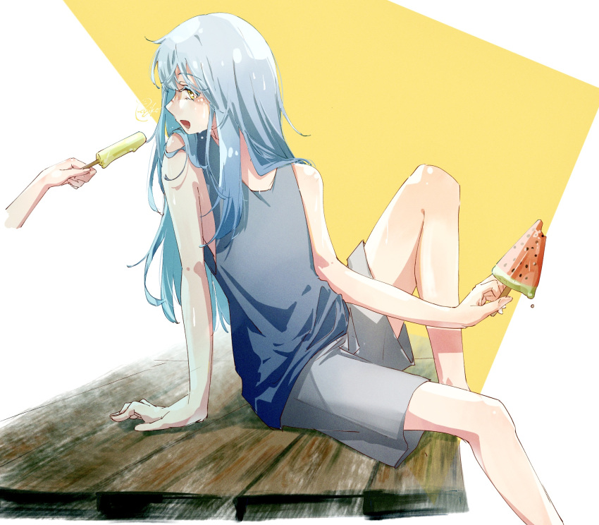 1other, blue_hair, blue_shirt, food, highres, long_hair, pants, popsicle