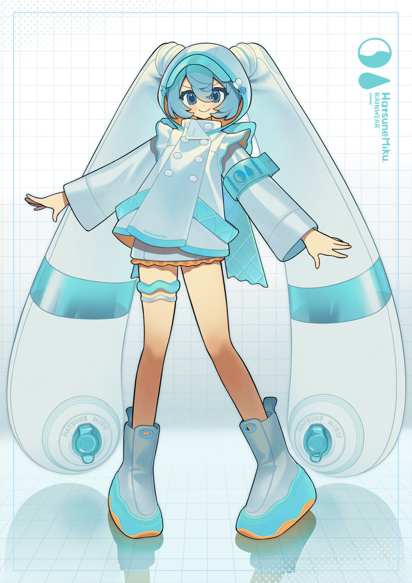 1girl, absurdres, alternate_costume, armband, blue_eyes, blue_hair, boots, character_name, hatsune_miku, highres, hood, nankai_(nankai_san), raincoat, smile, solo, twintails, vocaloid