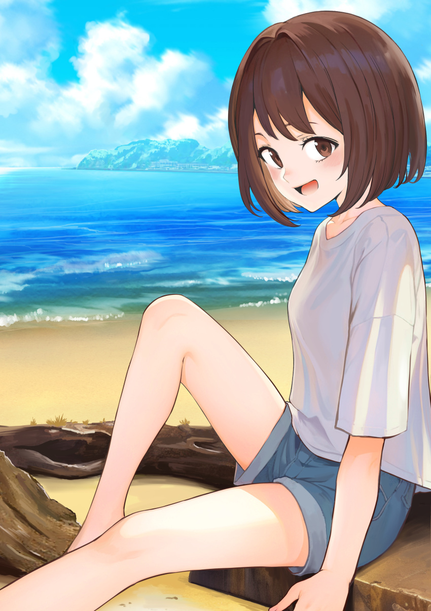 1girl, :d, absurdres, beach, blue_shorts, blue_sky, blush, bob_cut