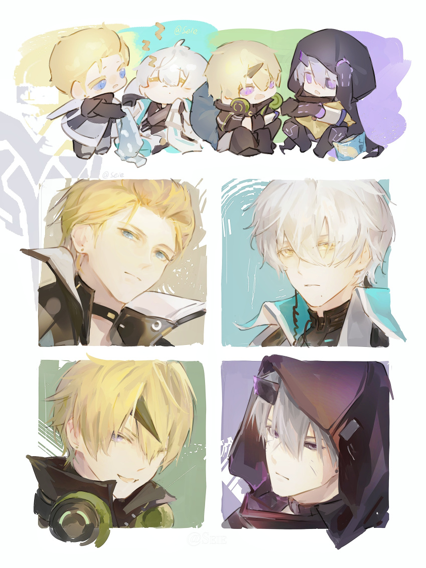 4boys, absurdres, black_hood, black_horns, black_sclera, blonde_hair, blue_eyes, broken_horn