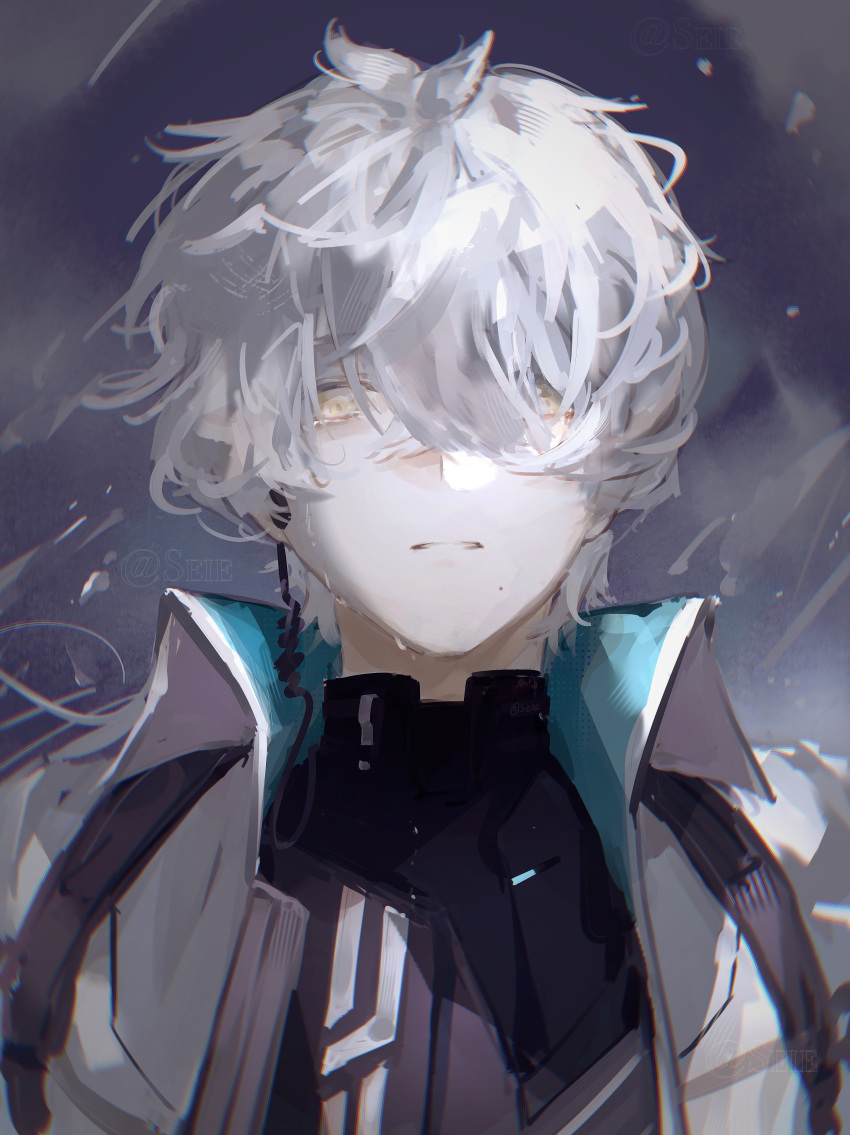 1boy, absurdres, black_shirt, collared_jacket, commentary, crying, crying_with_eyes_open, earpiece