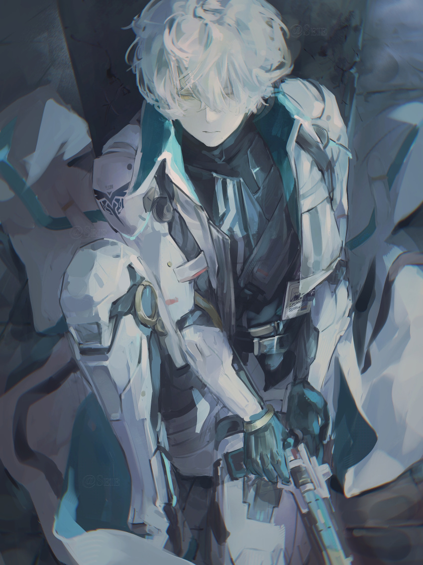 1boy, absurdres, aqua_gloves, black_shirt, chinese_commentary, closed_mouth, coat, commentary_request