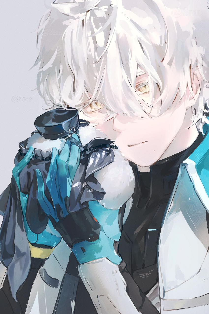 1boy, absurdres, aqua_gloves, artist_name, black_shirt, chinese_commentary, collared_jacket, colored_eyelashes