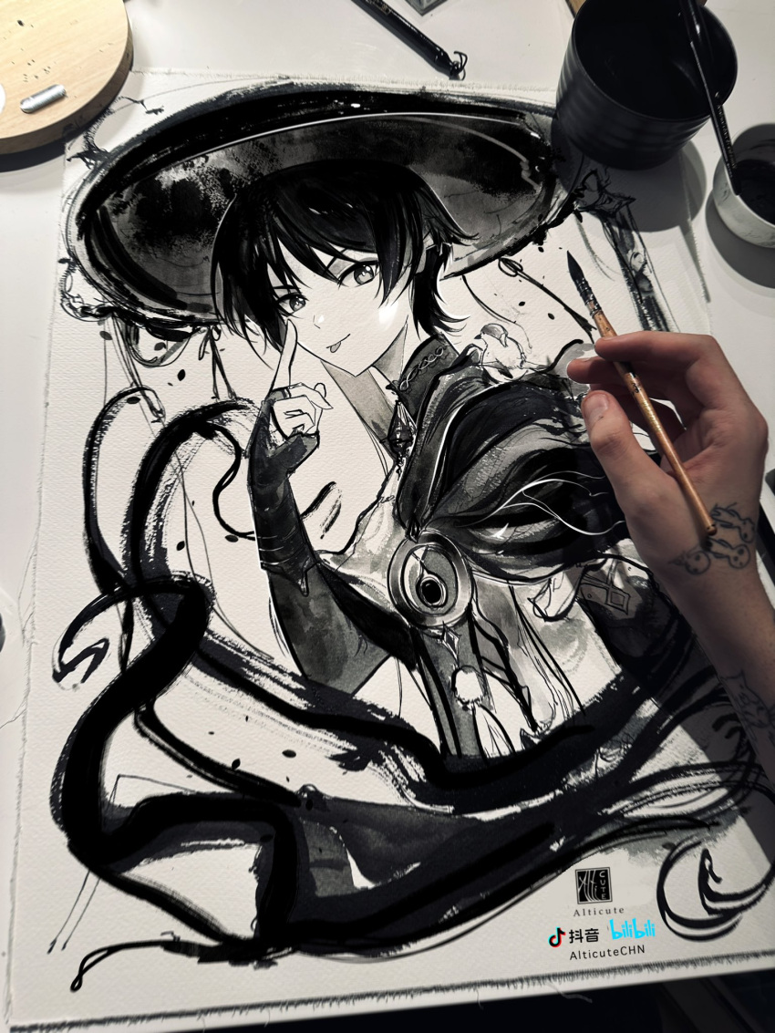 1boy, :p, akanbe, alticute, arm_at_side, armor, art_tools_in_frame, artist's_hand_in_frame