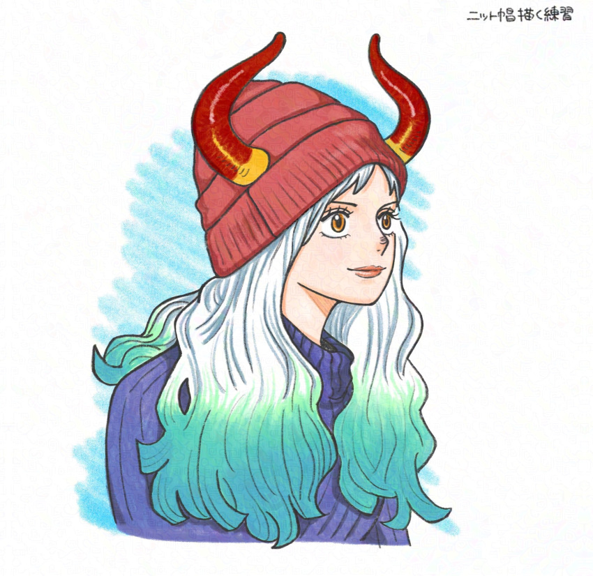 1girl, blue_hair, blue_sweater, closed_mouth, commentary_request, couchpotato_op, hat, highres, horns, long_hair, looking_ahead, one_piece, orange_eyes, red_hat, red_horns, smile, solo, sweater, upper_body, white_hair, yamato_(one_piece)