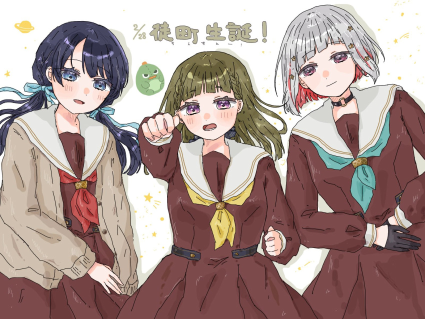 3girls, :d, aqua_neckerchief, black_bow, black_choker, black_gloves, blue_eyes, blue_hair