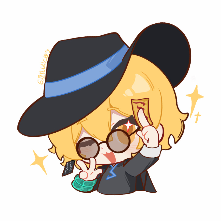1girl, :3, :d, ;d, absurdres, black_hat, blonde_hair, bracelet