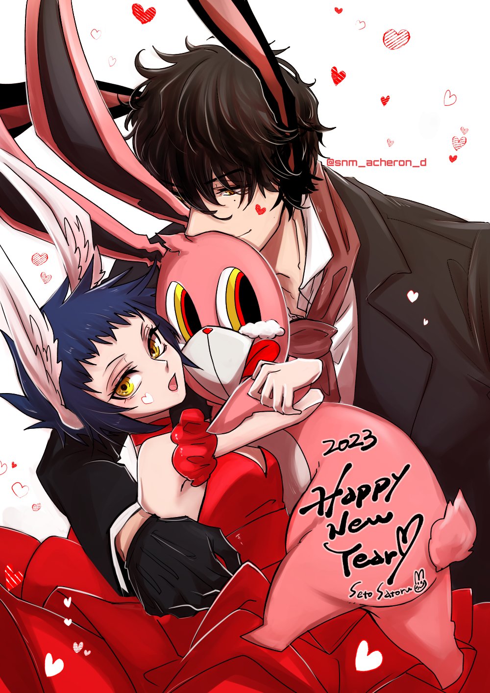 1boy, 1girl, animal_ears, bare_shoulders, black_gloves, black_hair, black_suit, blue_hair