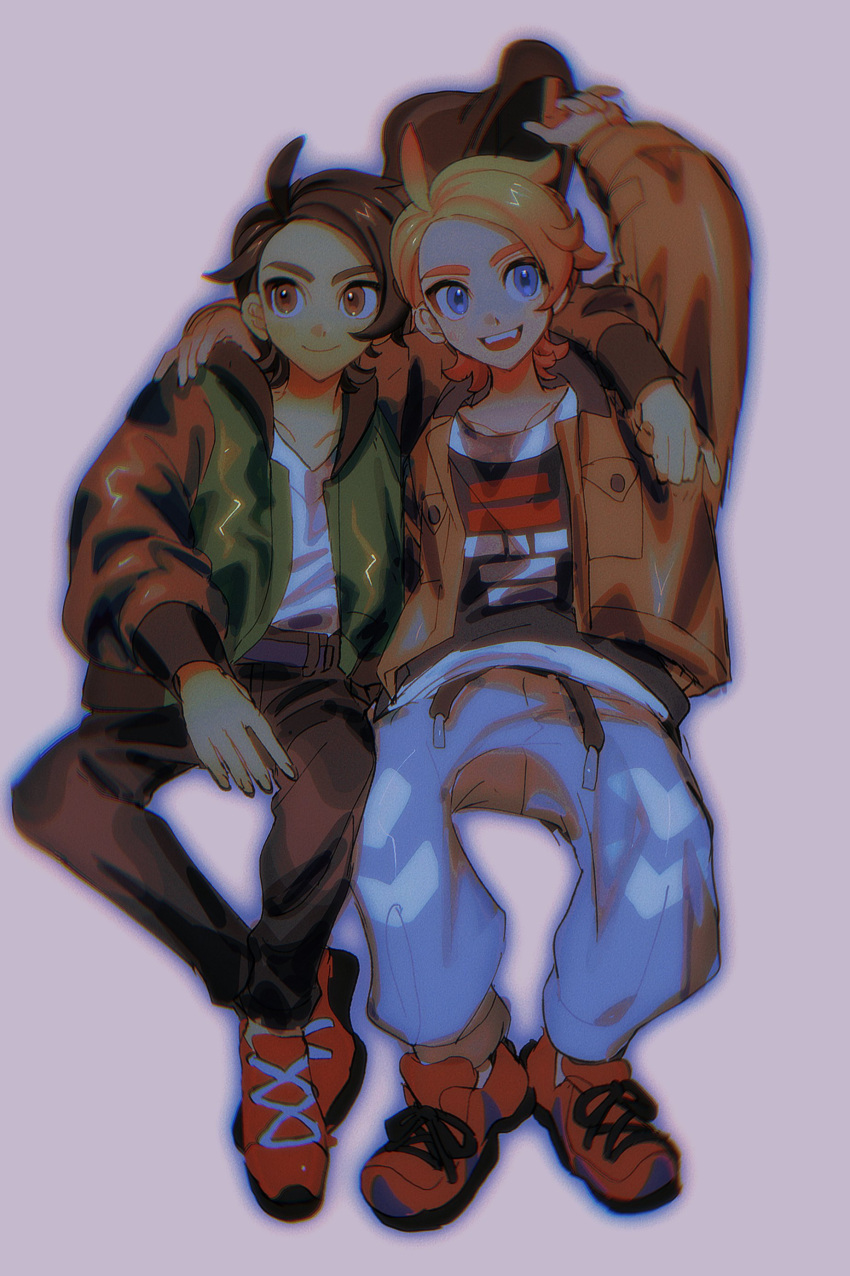 2boys, :d, absurdres, ahoge, arm_around_shoulder, arm_up, blue_eyes, brown_eyes