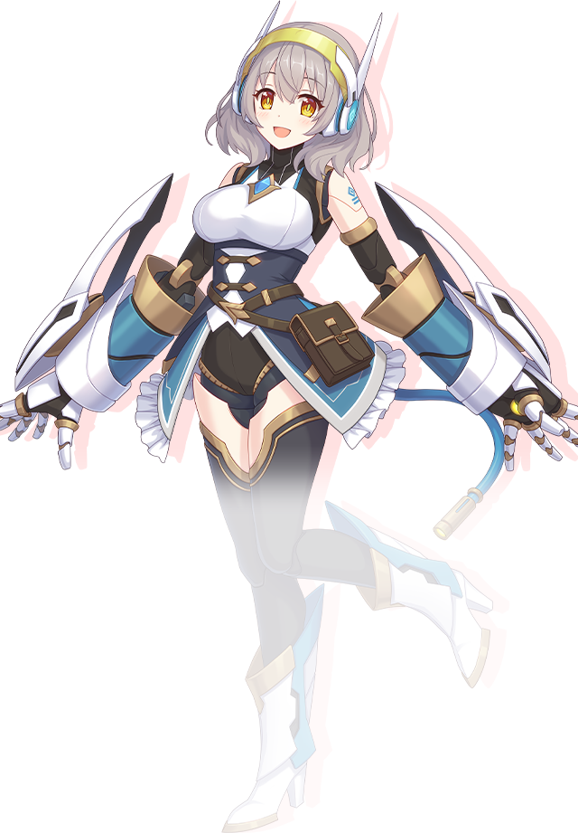 1girl, :d, bag, black_collar, blush, boots, breasts, collar, croce_(princess_connect!), drop_shadow, full_body, grey_hair, high_heel_boots, high_heels, large_breasts, looking_at_viewer, mechanical_arms, medium_hair, official_art, open_mouth, princess_connect!, robot_girl, shirt, simple_background, smile, solo, standing, standing_on_one_leg, strap, tachi-e, transparent_background, turtleneck, turtleneck_shirt, white_boots, white_shirt, yellow_eyes