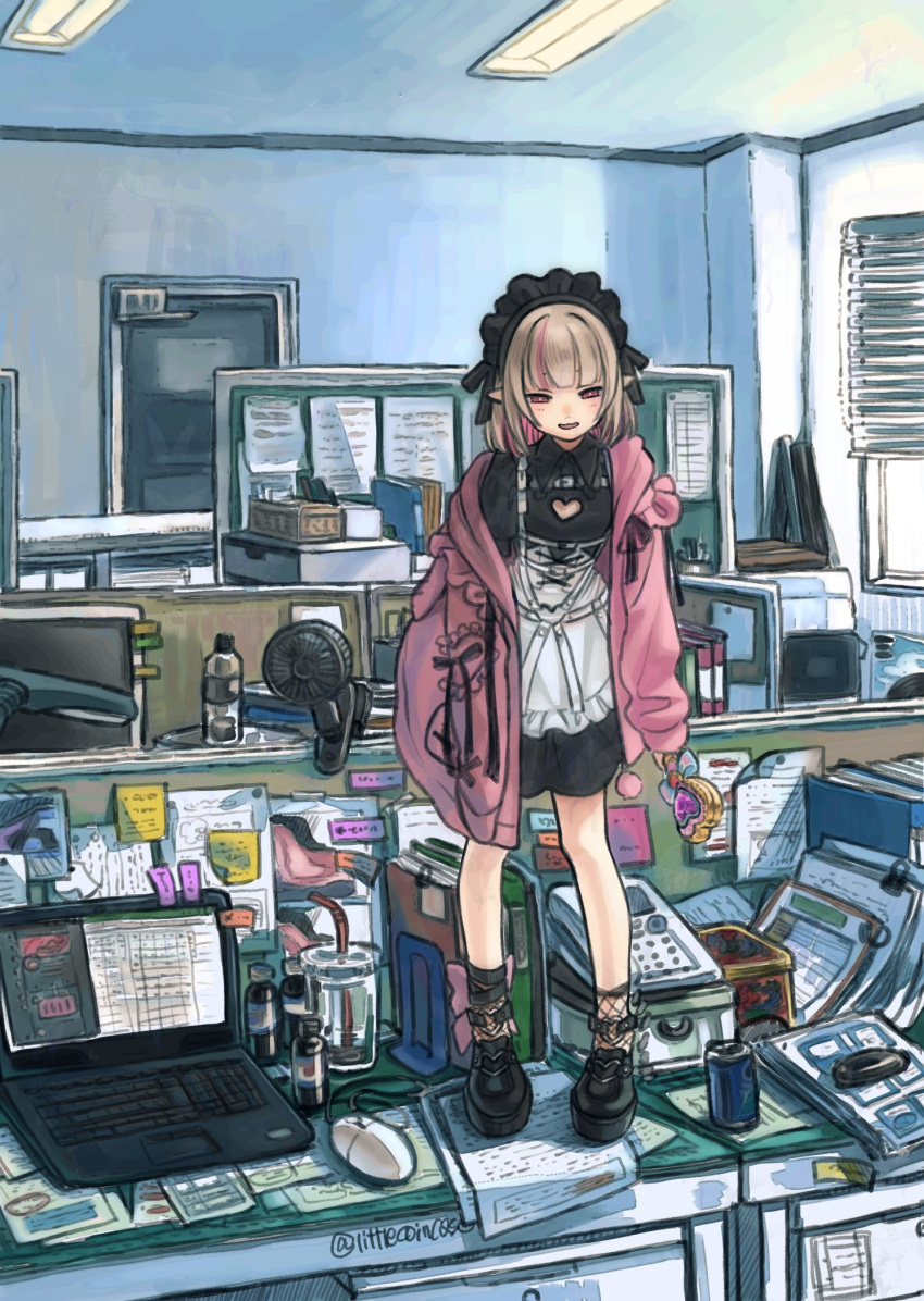 1girl, apron, black_dress, chest_harness, clothing_cutout, computer, dress, fishnet_socks
