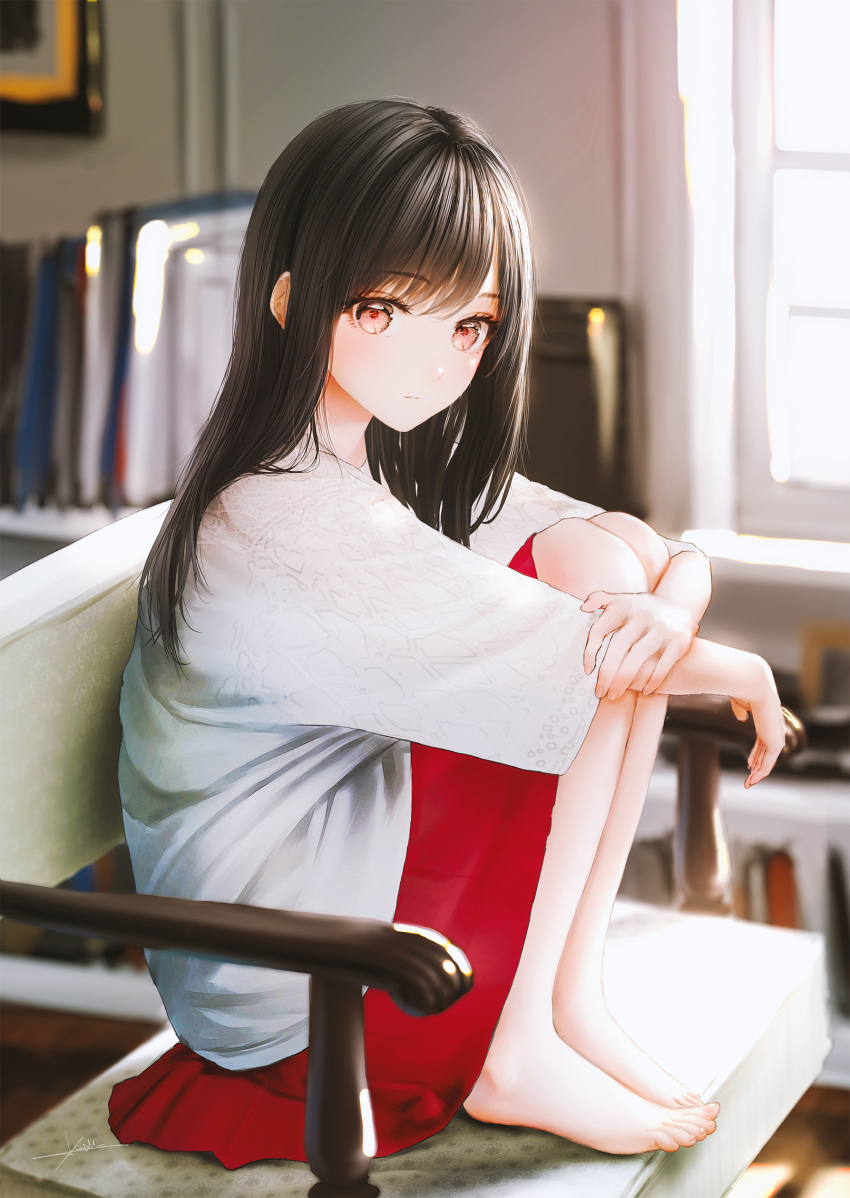 1girl, absurdres, barefoot, black_hair, blurry, blurry_background, closed_mouth, commentary_request