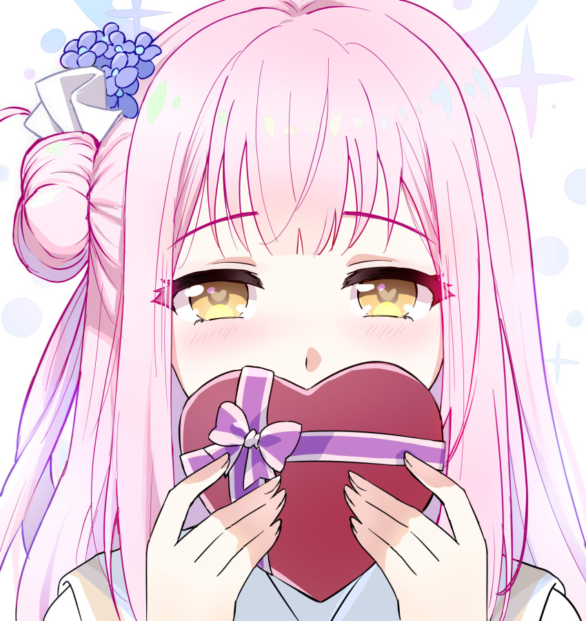 1girl, akusamu, blue_archive, blue_flower, blunt_bangs, blush, bow, box