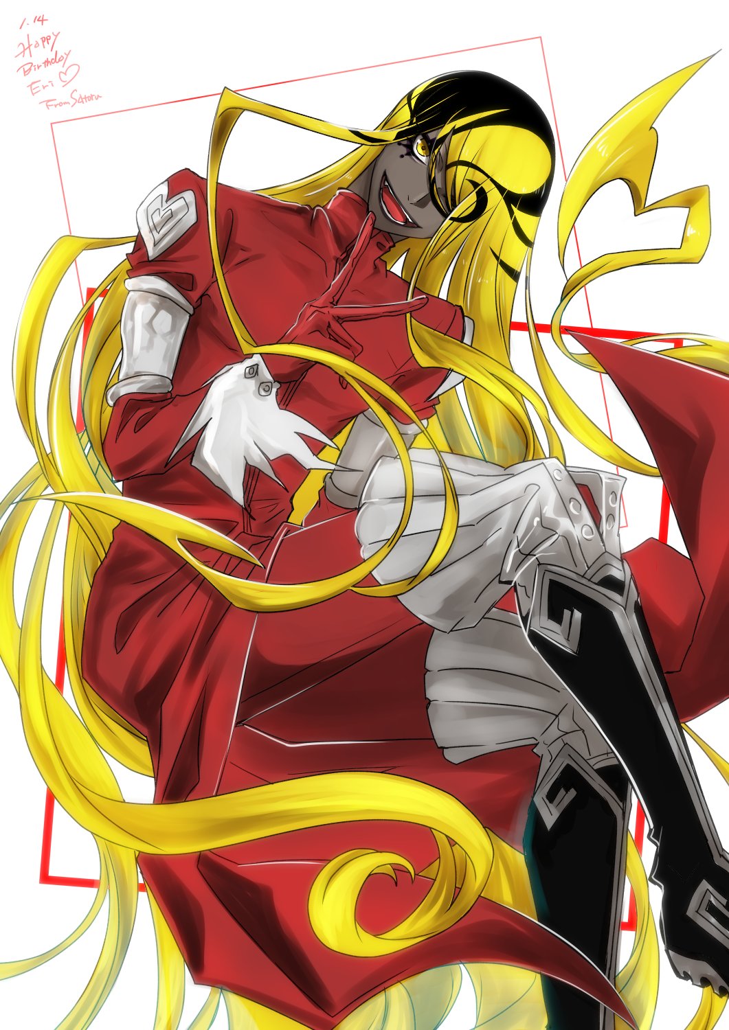 1boy, black_boots, black_hair, blonde_hair, boots, coat, colored_skin, d.gray-man