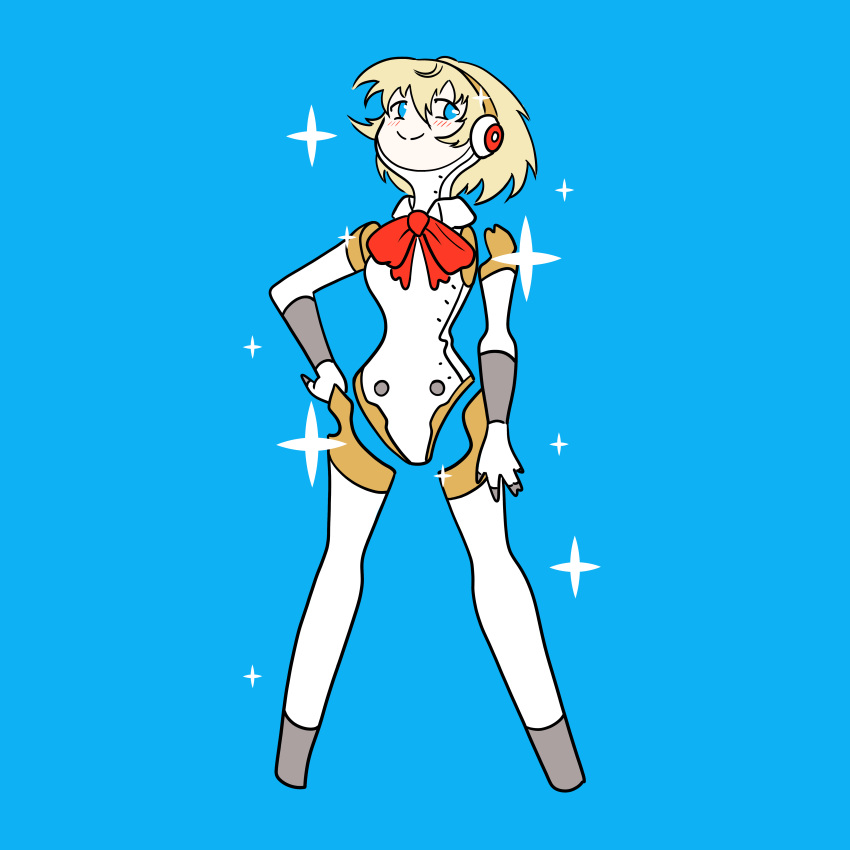 1girl, absurdres, aigis_(persona), blending, blonde_hair, blue_background, blue_eyes, blush