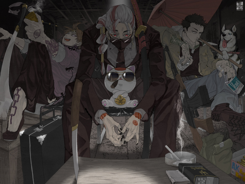 3boys, absurdres, black_hair, cat, dandadan, enjoji_jin, facial_mark, glasses