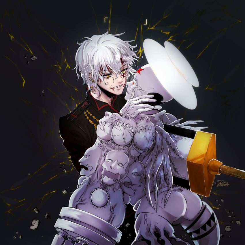 1boy, 1other, absurdres, akuma_(d.gray-man), allen_walker, arm_cannon, ass, asymmetrical_arms