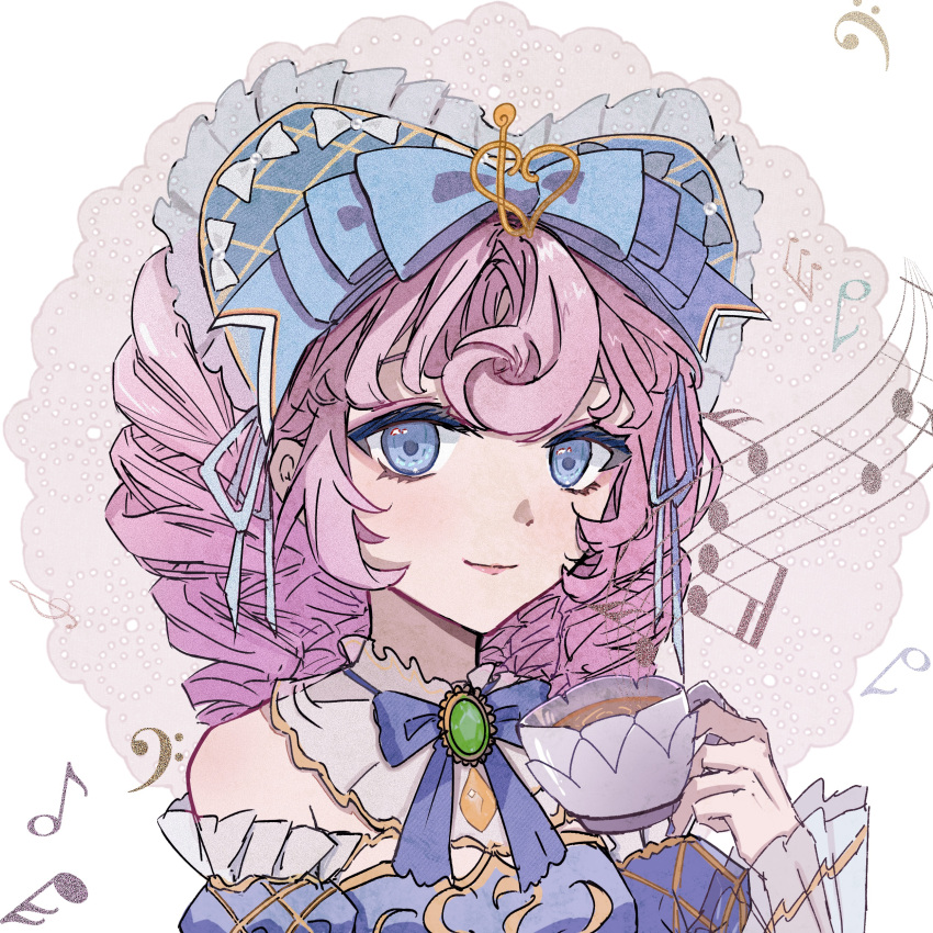 1girl, absurdres, argyle_bonnet, argyle_clothes, argyle_sleeves, bare_shoulders, blue_bonnet, blue_bow, blue_bowtie, blue_dress, blue_eyes, blue_ribbon, blue_sleeves, bonnet, border, bow, bowtie, brown_background, closed_mouth, collar, cup, curly_hair, detached_collar, detached_sleeves, dress, drill_hair, eyelashes, eyeshadow, frilled_collar, frilled_headwear, frilled_sleeves, frills, fuurenri, green_brooch, hair_bow, hair_ornament, hair_ribbon, highres, holding, holding_cup, infinity_nikki, layered_sleeves, light_blush, lipstick, long_hair, long_sleeves, looking_at_viewer, makeup, multiple_hat_bows, musical_note, musical_note_hair_ornament, musical_staff, nikki_(nikki), nikki_(series), outside_border, pink_eyeshadow, pink_hair, pink_lips, ribbon, round_border, see-through_clothes, see-through_sleeves, short_over_long_sleeves, short_sleeves, smile, solo, strapless, strapless_dress, tea, teacup, timeless_melody_(infinity_nikki), upper_body, white_border, white_bow, white_collar