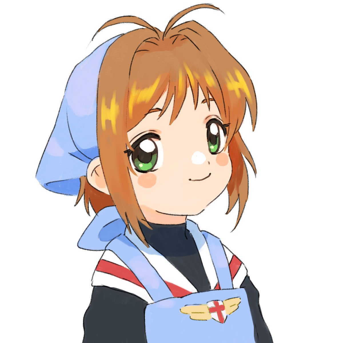 1girl, antenna_hair, apron, blue_apron, blue_headscarf, blush_stickers, brown_hair, cardcaptor_sakura, closed_mouth, gan2, green_eyes, hair_intakes, headscarf, highres, kinomoto_sakura, sailor_collar, school_uniform, short_hair, simple_background, smile, solo, tomoeda_elementary_school_uniform, upper_body, white_background, white_sailor_collar