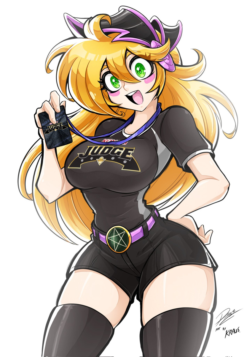 1girl, black_hat, black_shirt, black_shorts, black_thighhighs, blonde_hair, blush_stickers, breasts, card_pendant, cowboy_shot, dark_magician_girl, duel_monster, english_text, hand_on_own_hip, hat, highres, krausarts, large_breasts, long_hair, shirt, shorts, simple_background, solo, thigh-highs, white_background, yu-gi-oh!