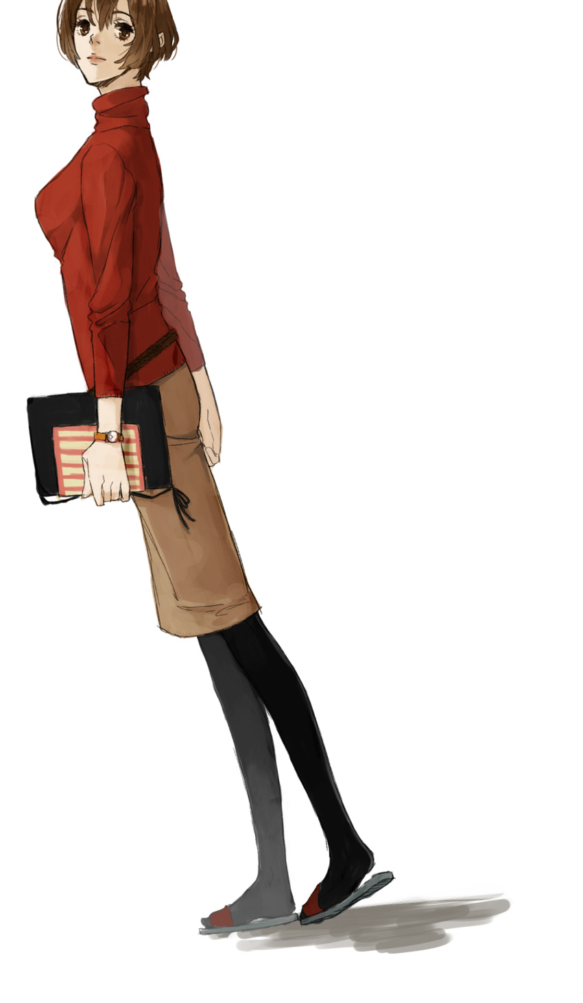bad_id, breasts, brown_hair, ha_po, highres, meiko, pantyhose, red, short_hair, slippers, solo, vocaloid