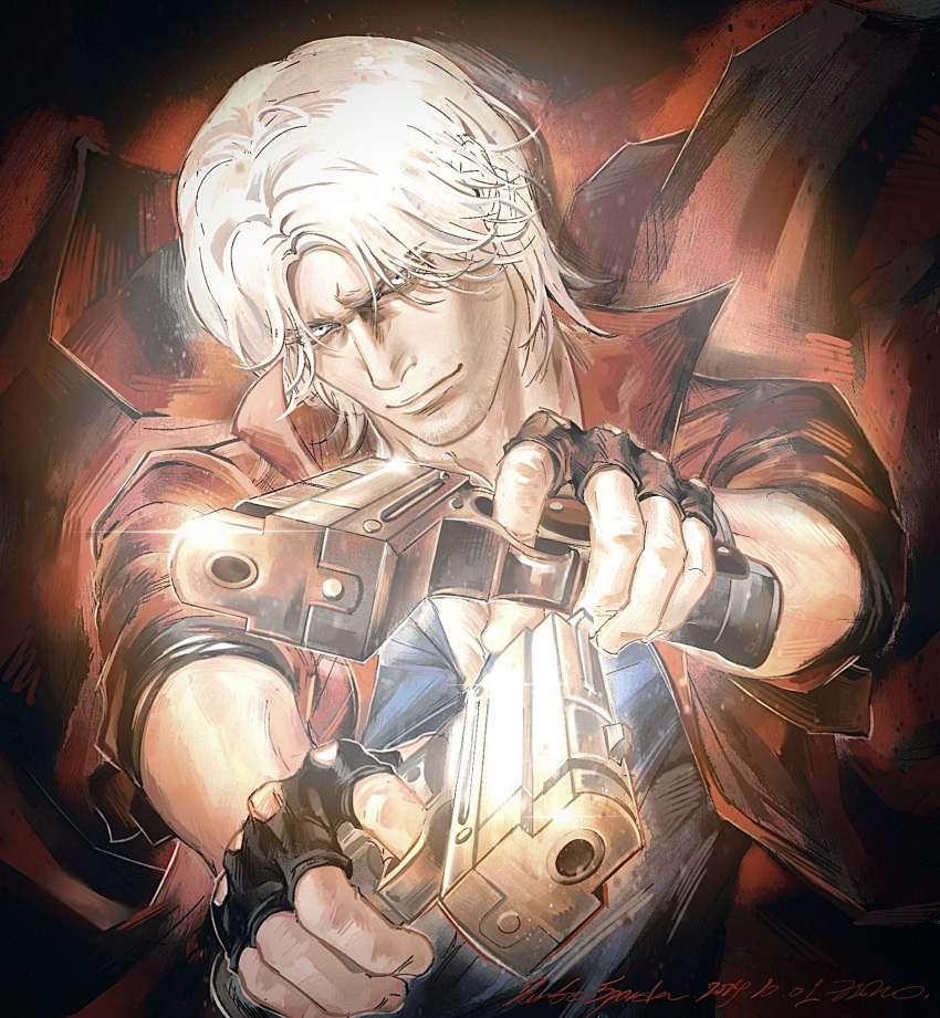 1boy, aiming, aiming_at_viewer, black_gloves, black_shirt, blue_eyes, closed_mouth, coat